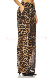 Minka Chiffon Leopard Elastic Waist Pocketed Loose Cargo Pants