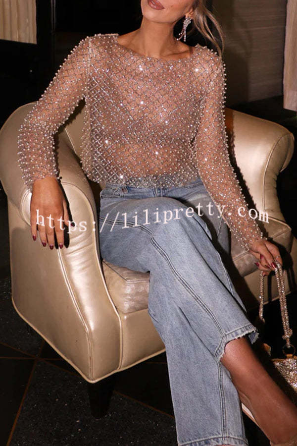 Champagne Kiss Sparkling Pearls Long Sleeve Loose Sheer Top