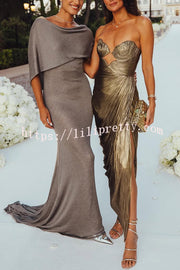 Amisha Metallic Pleated Shell Cups Hollow Gold Pendant Strapless Drape Slit Maxi Dress