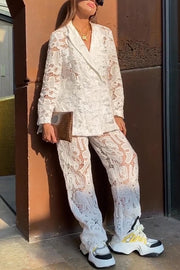 Fashionable Lace Long-sleeved Lapel Loose Top and Casual Hollow Pants Set