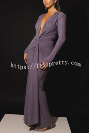 Solid Color Shiny Sexy V-neck Long Sleeve Ribbon Slit Slim Fit Maxi Dress