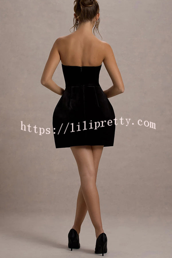 Effortlessly Elegant Velvet Jewel Embellished Trim Bandeau Mini Dress