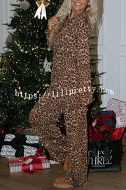 Paige Ribbed Leopard Print Loose Shirt and Elastic Waist Pocketed Pajama Set