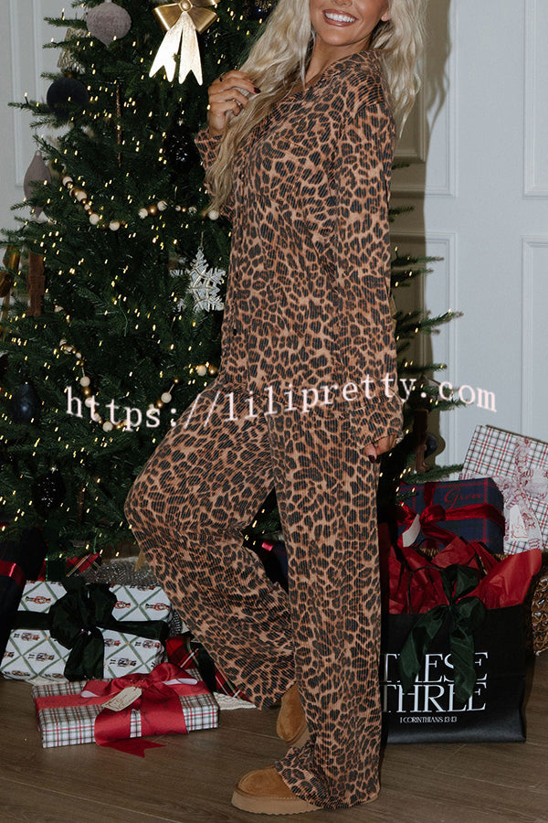 Paige Ribbed Leopard Print Loose Shirt and Elastic Waist Pocketed Pajama Set