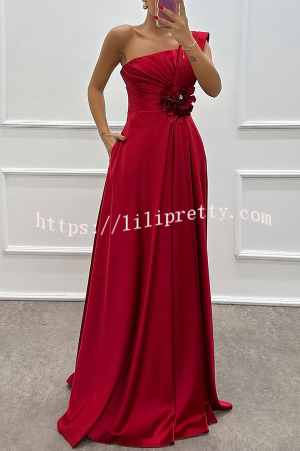 Nasha Satin Pleated One Shoulder Petal Gemstone Detail Pocket Slit Maxi Dress