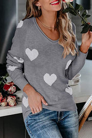 Stylish Color-blocked Heart-patterned Long-sleeved Loose Knit Sweater