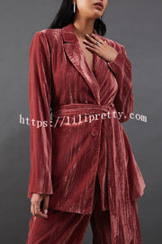 Solid Color Velvet Long-sleeved Waist Tie Top and Elastic Waist Casual Pocket Straight-leg Pants Set