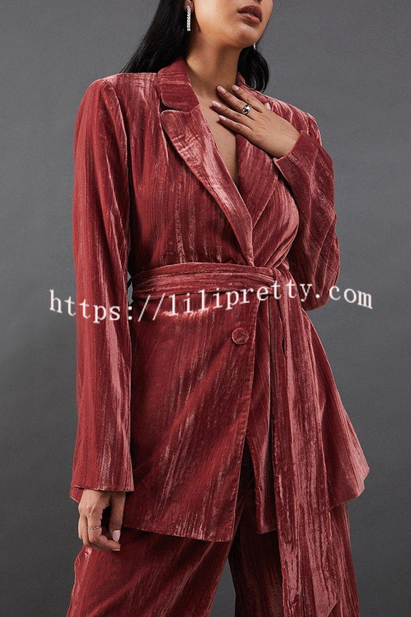 Solid Color Velvet Long-sleeved Waist Tie Top and Elastic Waist Casual Pocket Straight-leg Pants Set
