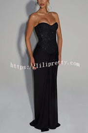 Carina Sequined and Satin Jersey Off Shoulder Ruched Knot Drape Maxi Dress