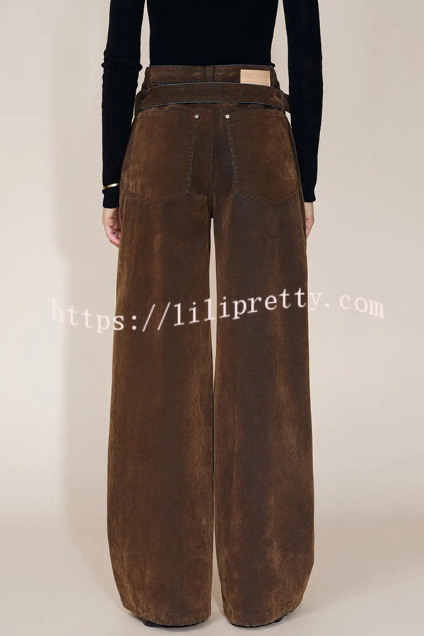 Taylor Denim Mid Rise Detachable Belt Flocked Pocket Wide Leg Jeans
