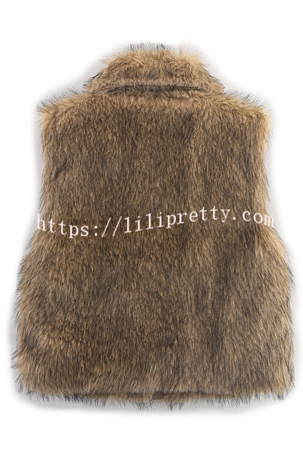 Stylish Collared Sleeveless Short Faux Fur Vest