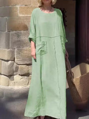 Linen Blend Solid Color Long-sleeve Paneled Pockets Loose Maxi Dress