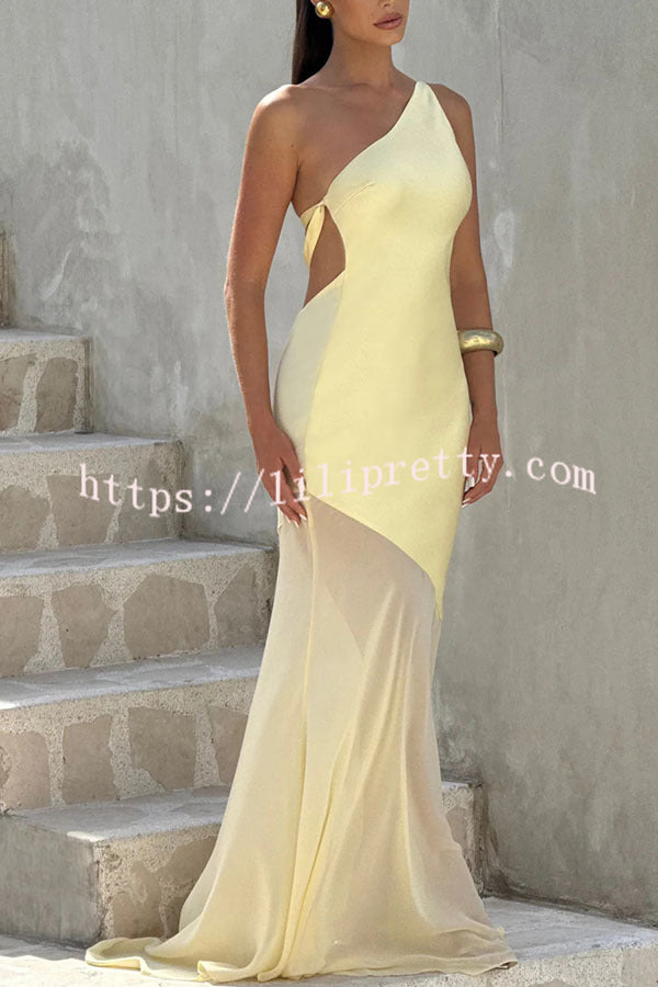 Fable Satin One Shoulder Back Adjustable Straps Contrast Chiffon Hem Maxi Dress