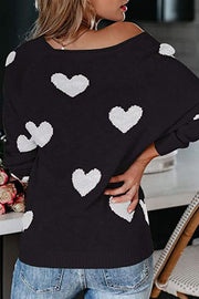 Stylish Color-blocked Heart-patterned Long-sleeved Loose Knit Sweater