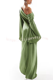 Zayla Satin Asymmetrical One Shoulder Bell Sleeve Slit Maxi Dress