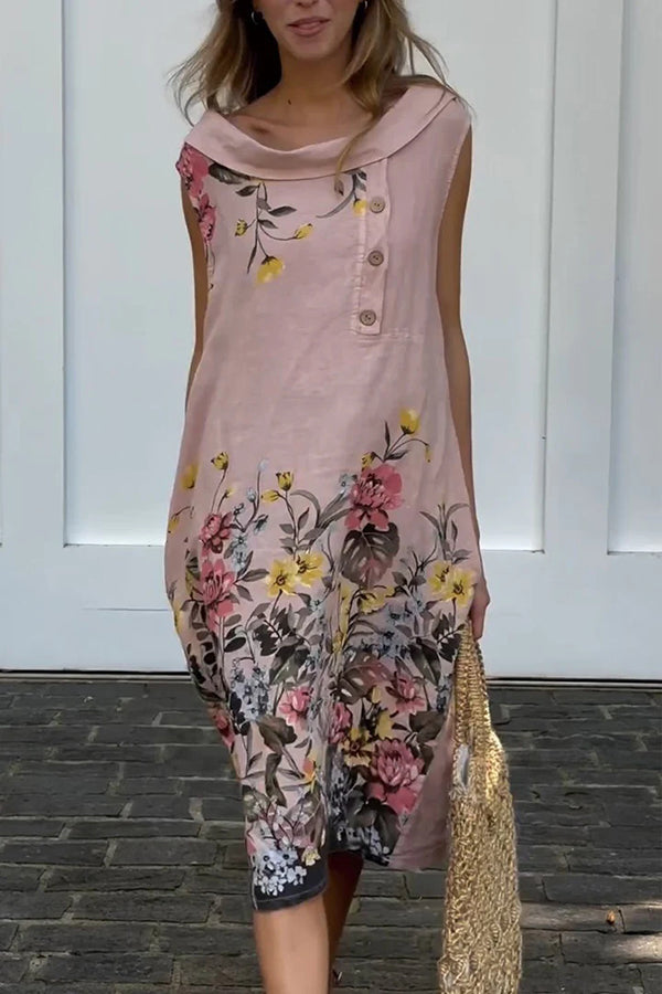 Botanical Floral Print Linen Blend Lapel Buttoned Midi Dress