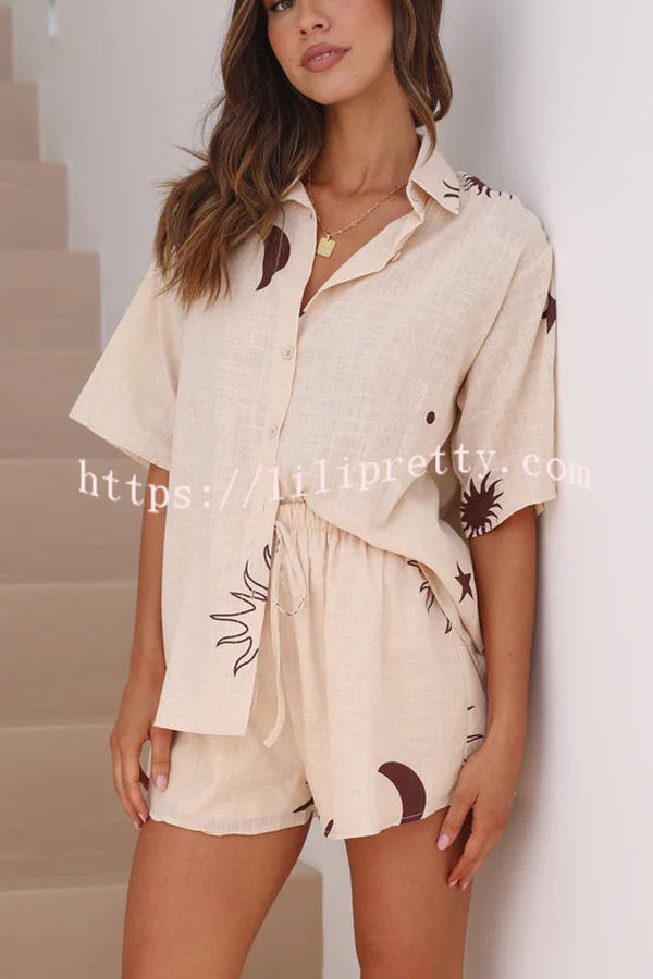 Lilipretty Camilla Linen Blend Printed Button Up Shirt and Elastic Waist Shorts Set