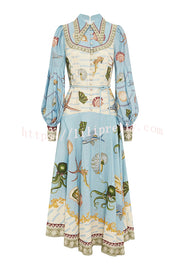 Ocean Print Lapel Button Waist Tie Resort Maxi Dress