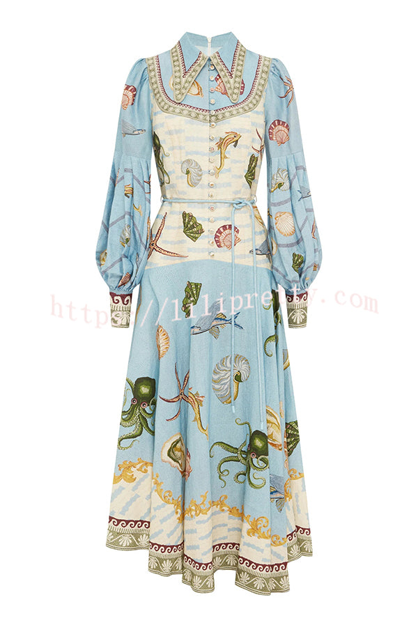 Ocean Print Lapel Button Waist Tie Resort Maxi Dress