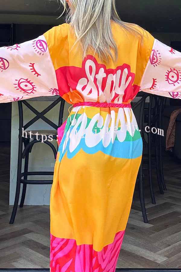 Elevate Beach Style Unique Print Long Sleeve Belted Pocket Cover-up Kimono