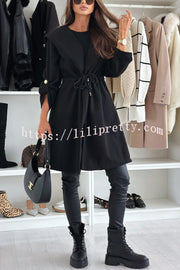 Effortless and Warm Textured Fabric Drawstring Waist Pocket Hooded Midi Coat