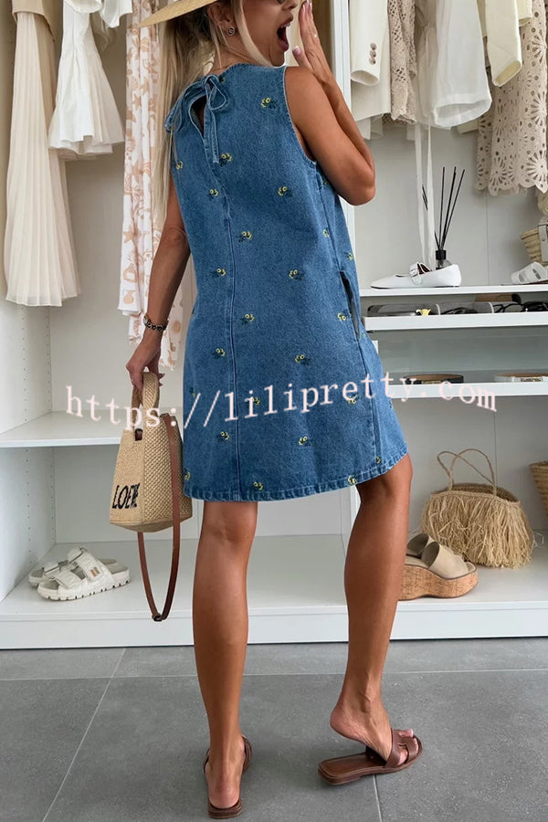 Floral Print Round Neck Sleeveless Loose Denim Mini Dress