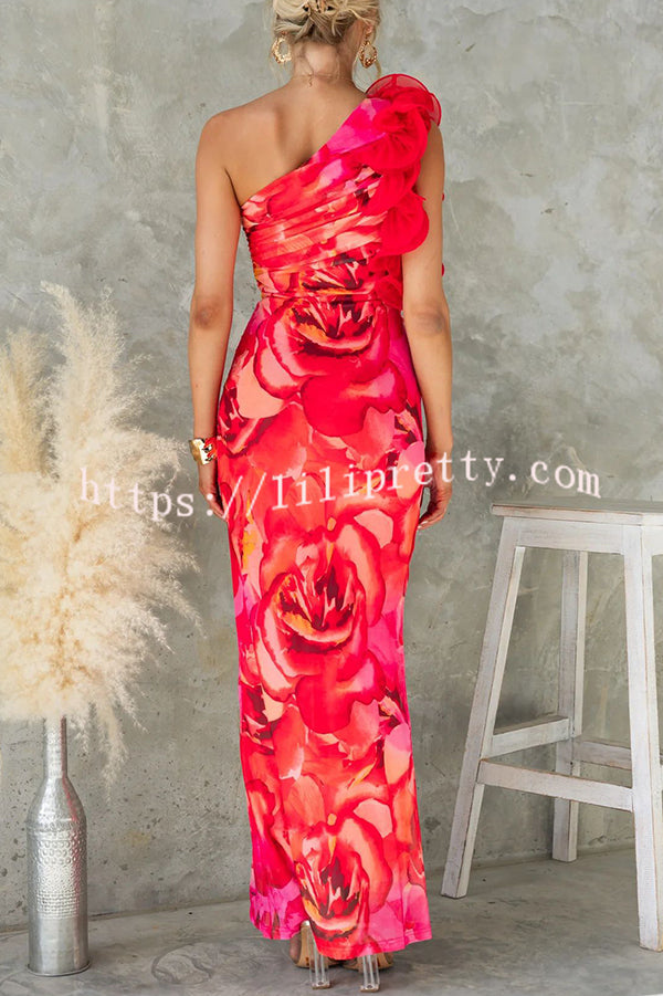 Floral Print Sleeveless 3D Flower One Shoulder Slim Maxi Dress
