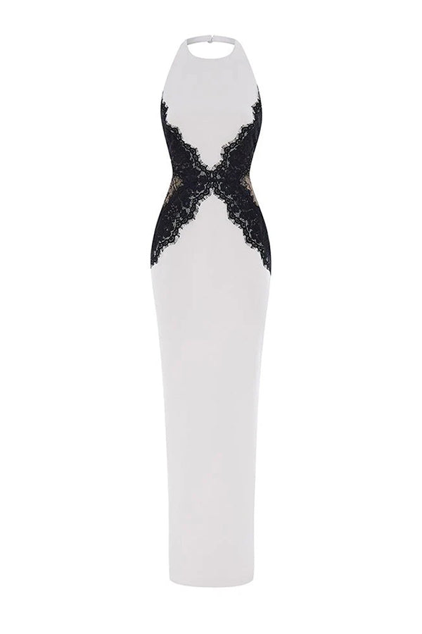 Sexy Halterneck Lace Paneled Backless Slim Maxi Dress