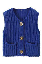 Solid Color Sleeveless Pocket Knitted Vest