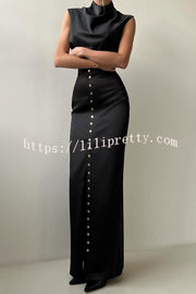 Solid Color Casual Sleeveless Crop Top and Elegant Button-down Maxi Skirt Set