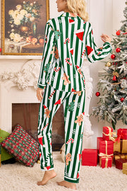 Color-blocked Striped Christmas Print Casual Long-sleeved Shirt and Elastic Waist Pants Set