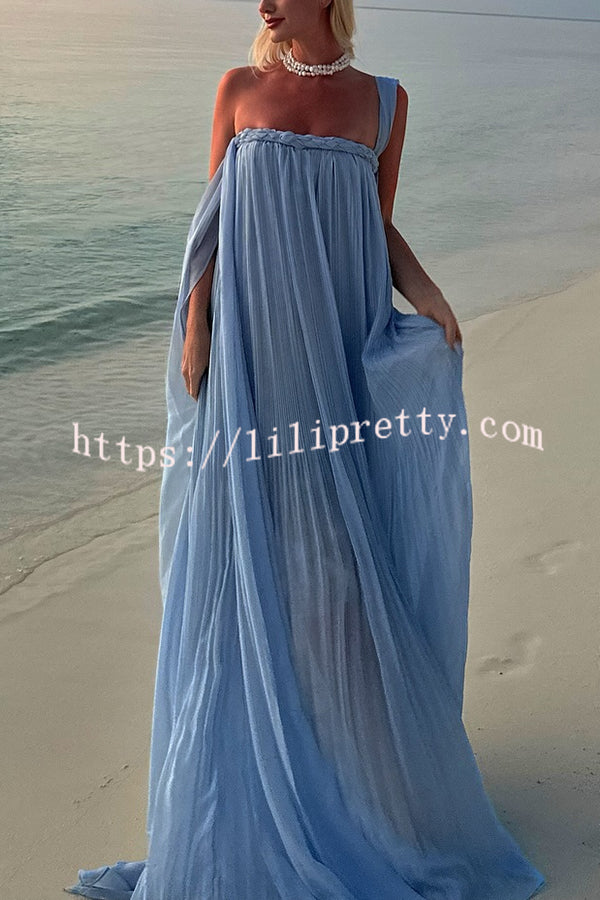 Fairy Spirit Tulle Braided Neckline Tie Arm Straps Pleated Maxi Dress