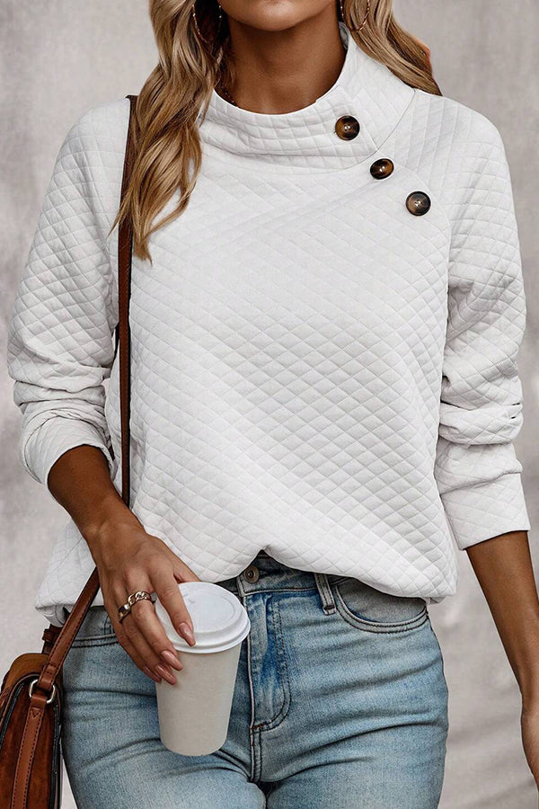 Solid Color Plaid Turtleneck Button Casual Sweatshirt