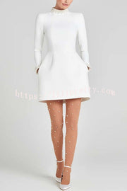 Lovers Kiss Pearl Trim High Neck Long Sleeve Pocketed Tulip Mini Dress