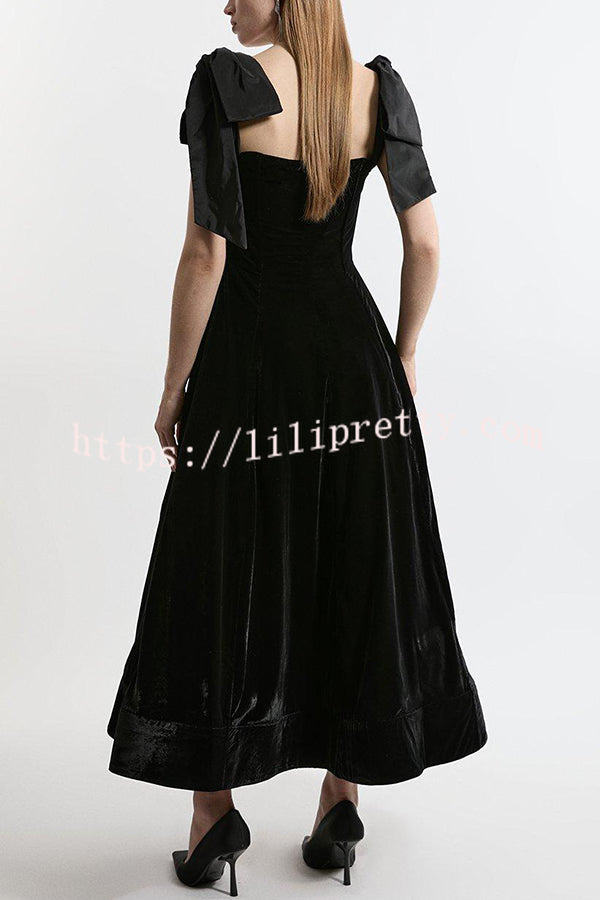 Romantic Type Velvet Bandeau Taffeta Bow Strap Pocketed Prom Maxi Dress