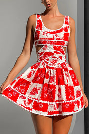 Holiday Colors Ric Rac Trims Unique Print Cutout Round Neck Mini Dress