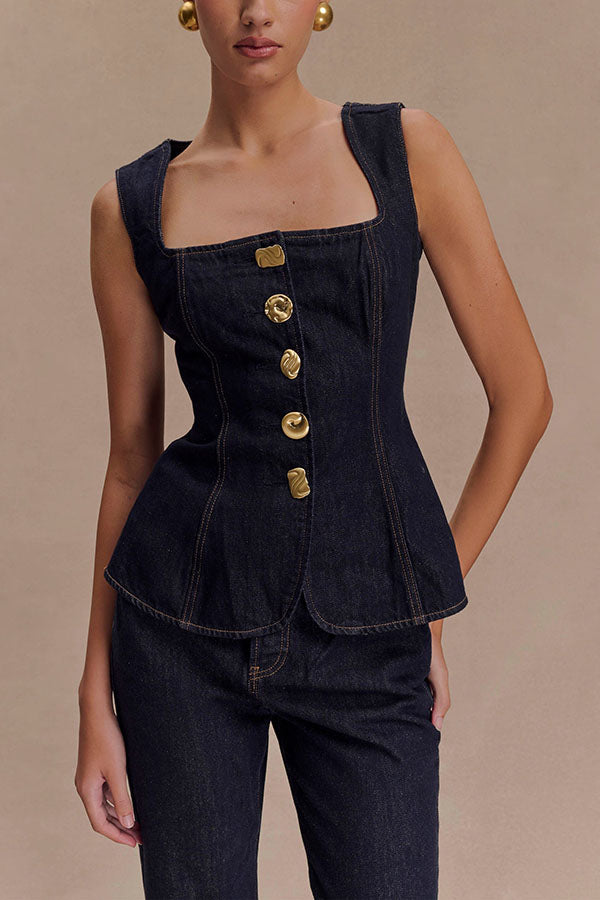 Stassi Denim Square Neck Unique Button Up Princess Seams Vest Top