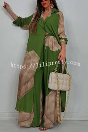 Unique Printed Casual Loose Long Shirt and Elastic Waist Pocket Wide Leg Pants Set