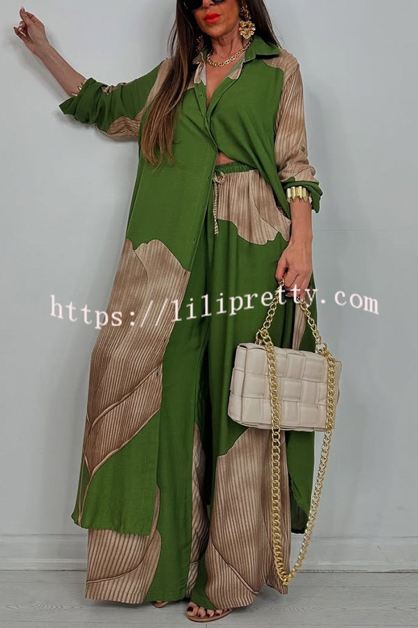 Unique Printed Casual Loose Long Shirt and Elastic Waist Pocket Wide Leg Pants Set