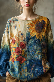 Bohemian Floral Print Round Neck Long-sleeved Loose Top