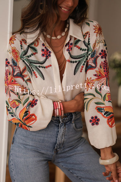 Botanical Print Loose Lapel Long Sleeve Casual Shirt