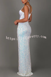 All about Glam Satin Corset Sequin Twist High Leg Split Maxi Dress