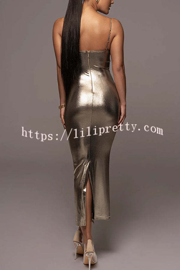 Visions of You Metallic Fabric Cowl Neck Removable Straps Stretch Midi Dress