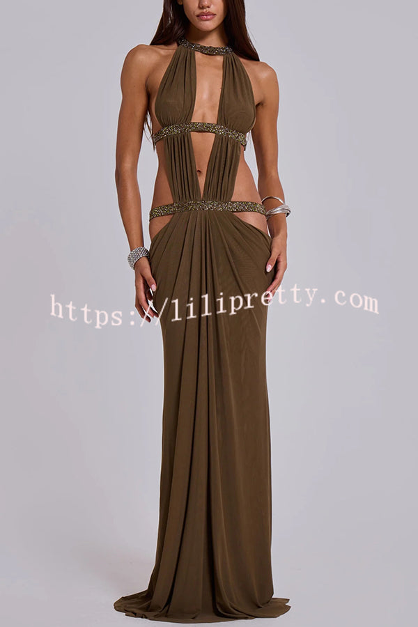 Khaki Hot-fix Rhinestone Shoulder Strap Cutout Design Backless Drape Maxi Dress