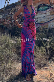 Lilipretty Generate Joy Tie-dye Print V-neck Cross Back Straps Stretch Maxi Dress
