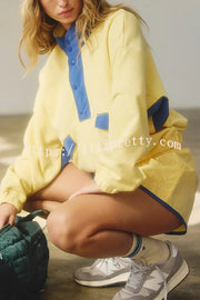 Fashion Contrast Color Stitching Stand Collar Long Sleeve Top and Elastic Waist Loose Pocket Shorts Set