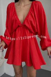 V Neck Puff Sleeve Solid Color Resort Style Mini Dress