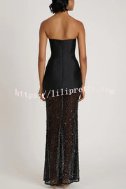Nerissa Satin cutout metal ball Patchwork sequin hem strapless maxi dress