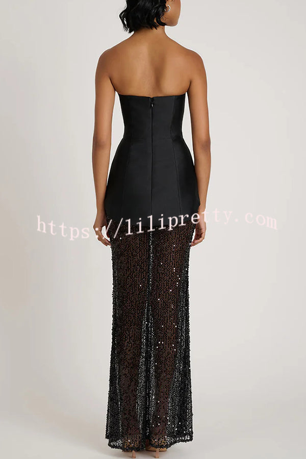 Nerissa Satin cutout metal ball Patchwork sequin hem strapless maxi dress