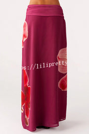 Sexy Deep V Backless Draped Camisole Top and Floral Print Chiffon Maxi Skirt Set